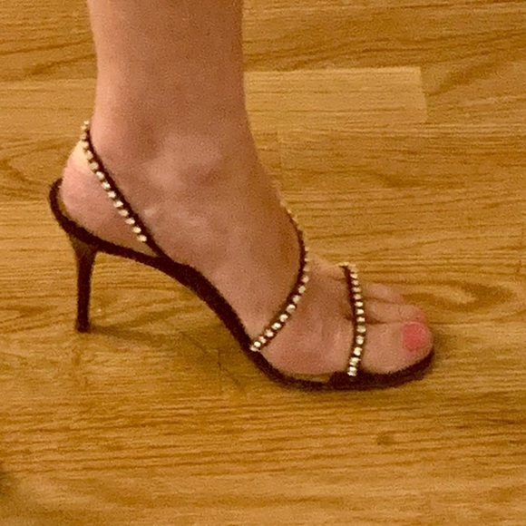 JULIEN MACDONALD black satin strappy sandal heels with rhinestones VTG - Picture 11 of 13